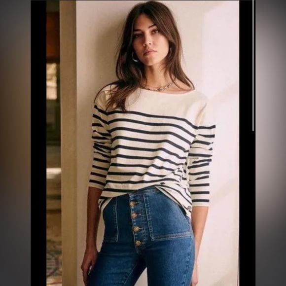 Sezane Black and Cream Striped Long Sleeve Tee - Picture 1 of 8